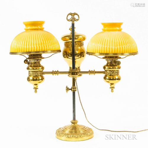 Brass Double Student Lamp, with gold ribbed shades, ht. 24 1...