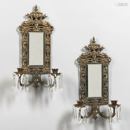 Pair of Brass Mirrored Wall Sconces, with pendant drops, ht....
