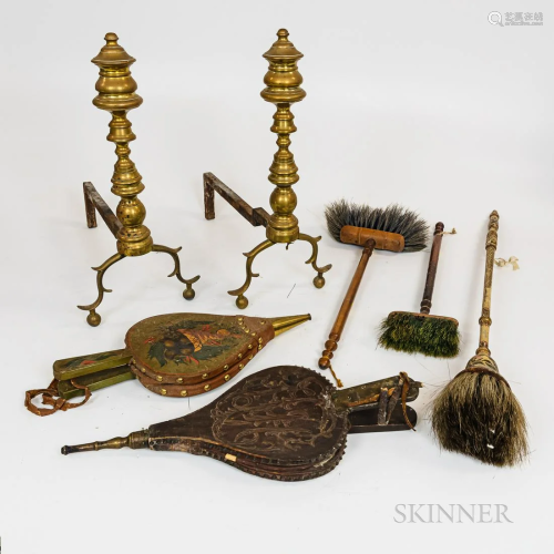 Group of Fireplace Accessories, a pair of brass andirons, tw...