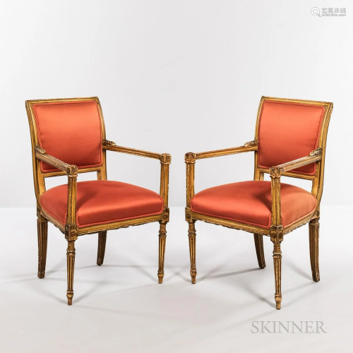 Pair of Neoclassical-style Gilt and Upholstered Fauteuil, wi...