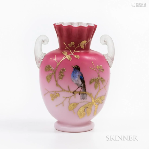 Peachblow Satin Glass Vase with Enameled Bird, possibly Webb...