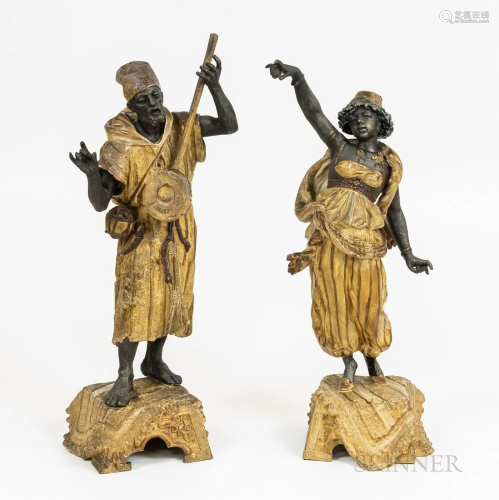 Pair of Cast Metal Blackamoor Figures, a musician and a danc...