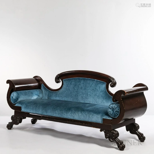 Empire Mahogany and Blue Upholstered Settee, with carved cre...