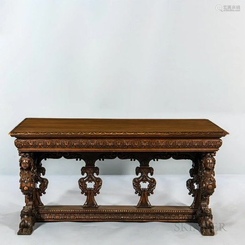 Renaissance Revival Heavily-carved Walnut Library Table, wit...