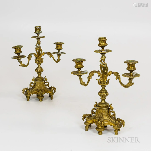 Pair of Louis XV-style Gilt Bronze Three-light Candelabra, h...