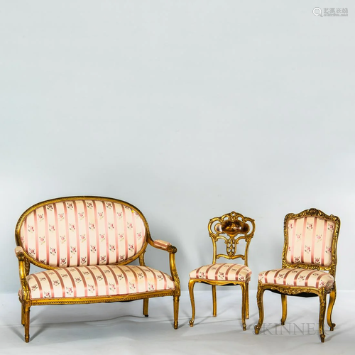 Three-piece Suite of Louis XVI-style Giltwood and Upholstere...