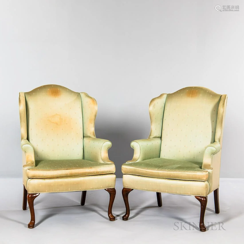 Pair of Queen Anne-style Mahogany and Green Silk Upholstered...