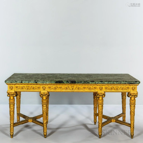 Louis XVI-style Marble-top Giltwood Table, heavily carved wi...