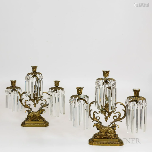 Pair of Brass Three-branch Girandole Candleabra with Dogs, h...