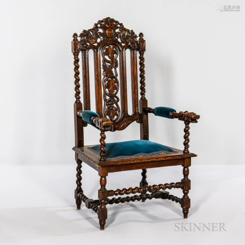 Gothic Revival Carved Oak Armchair, with blue velveteen upho...