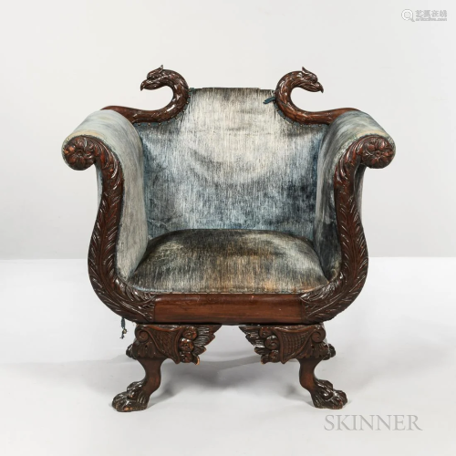 Classical Revival Mahogany and Blue Velvet Upholstered Small...