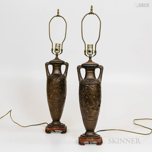 Pair of French Neoclassical-style Gilt-metal Table Lamps, 20...