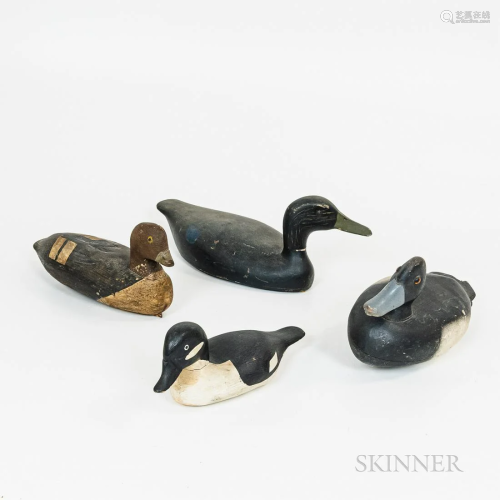 Four Painted Duck Decoys, including a small black and white ...