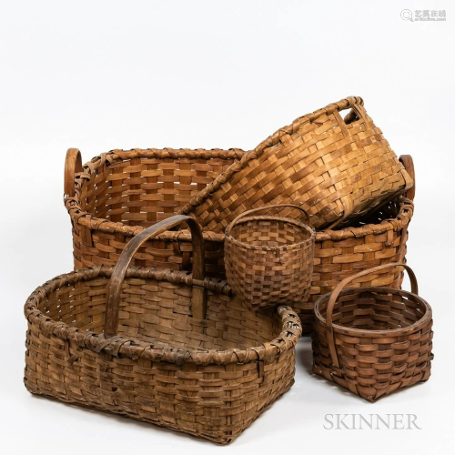 Five Antique Splint Baskets, three with single handles, and ...