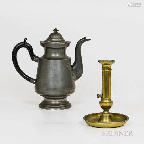 J. Danforth Pewter Coffeepot and a Brass Push-up Candlestick...