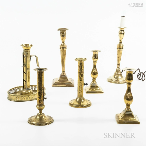 Seven Brass Candlesticks, 18th century, including two pairs,...