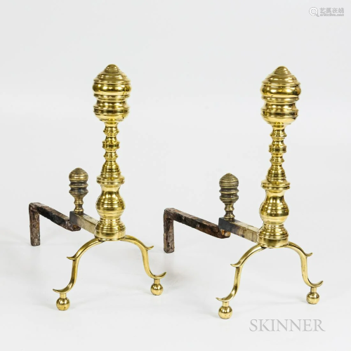 Pair of Brass Andirons, raised on scrolled legs with ball fe...