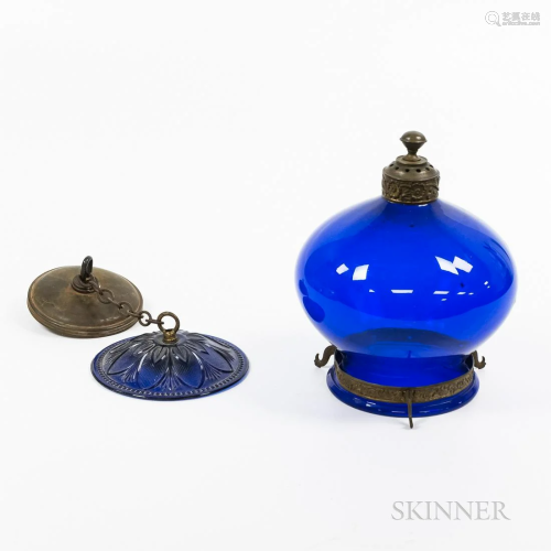 Cobalt Blue Glass Bell Jar Lantern, with pressed glass smoke...