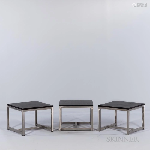 Three Oak and Steel Side Tables and Round Smoked Glass-top T...