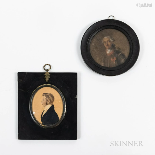 Two Miniature Hand-drawn Framed Portraits, an 18th century F...