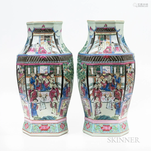 Pair of Large Chinese Export Famille Rose Porcelain Vases, l...