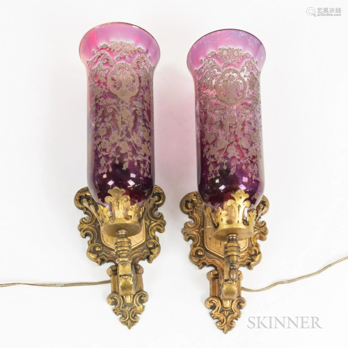 Pair of Shield-form Sconces with Flared Red Glass Chimney Sh...