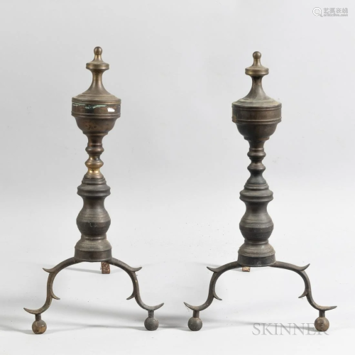 Pair of Brass Andirons and a Fireplace Shovel, ht. to 18, dp...