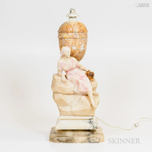 Italian Alabaster Figural Lamp with a Marble Pedestal, ht. t...