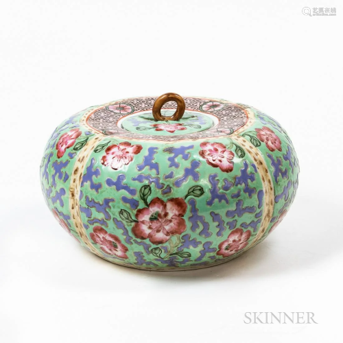 Enameled Bowl with Cover, China, 20th century, pumpkin-form,...