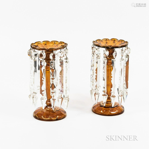 Pair of Bohemian Amber Glass Girandoles, with hanging prisms...