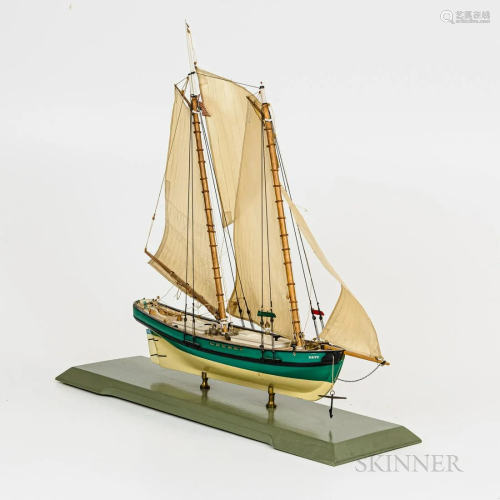 Two-masted Schooner Model, the yellow and green painted ship...