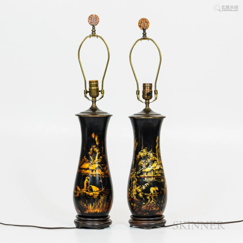 Three Decorated Table Lamps, one tin painted, ht. 29, two wi...