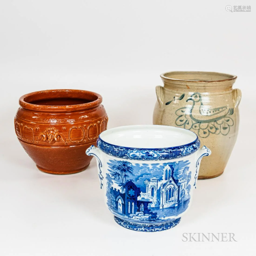 Three Ceramic Planters, including a blue and white porcelain...