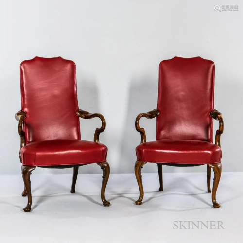 Pair of Queen Anne-style Mahogany and Red Leather-upholstere...
