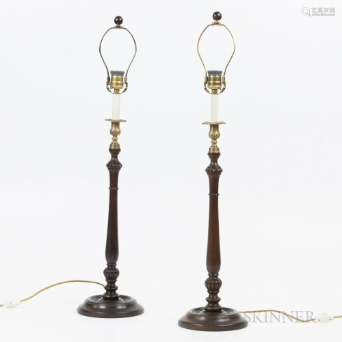Pair of Turned Oak Table Lamps, ht. 27 in.