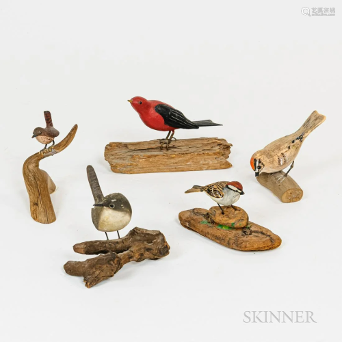 Five Miniature Carved and Painted Songbirds, including a sca...