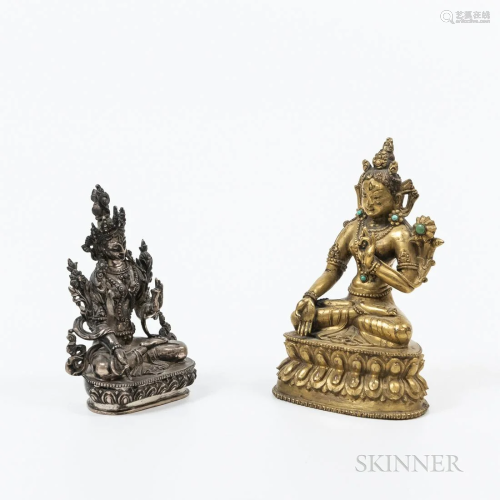 Two Metal Figures of Tara, Sino-Tibet, one of sterling silve...