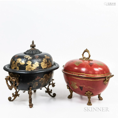 Two Painted Coal Hods, one black and gilt with two handles a...