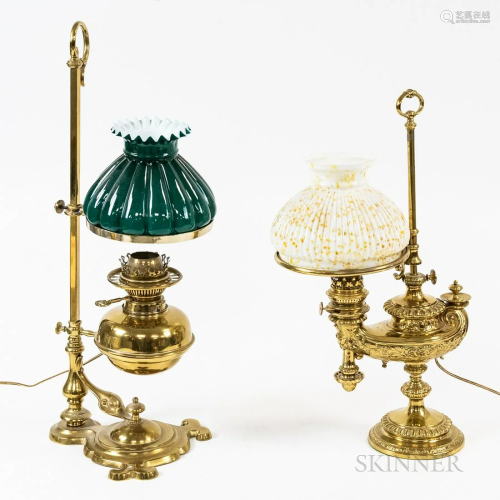 Two Brass Student Lamps, one with white speckled shade, ht. ...