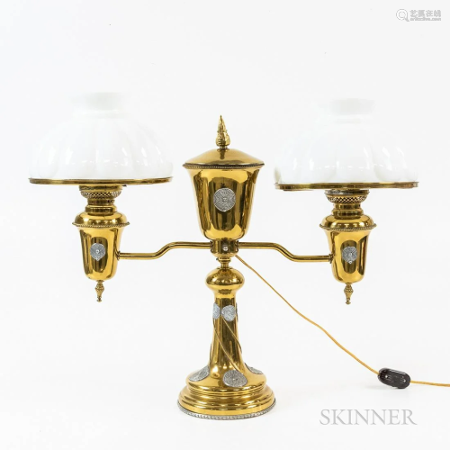 Brass Double Student Lamp, with white shades, ht. 21, wd. 27...