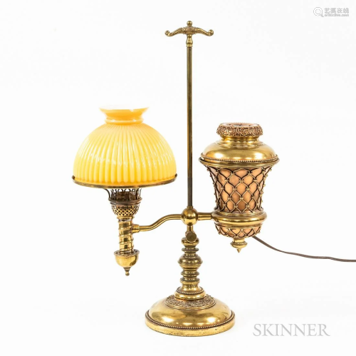 Brass Single Student Lamp, with gold ribbed shade, ht. 21, w...