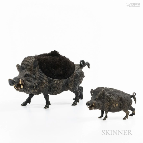 Two Bronze Wild Boar Figures, the larger with a trimmed bris...