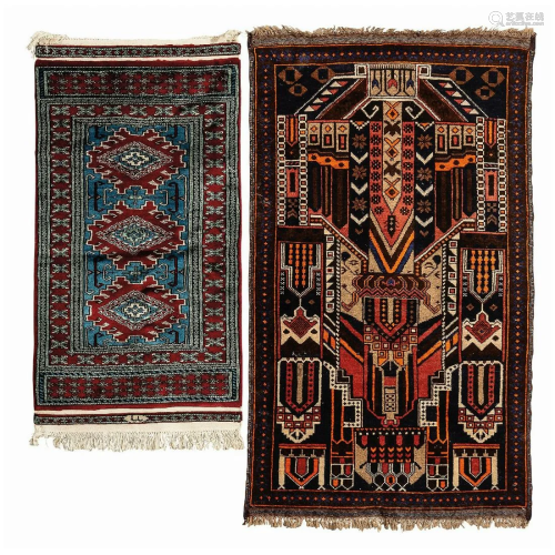 Two Small Prayer Rugs, 4 ft. 7 in. x 2 ft. 5 in.; 3 ft. 9 in...