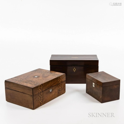 Three English Wood Boxes, including one mahogany tea caddy w...