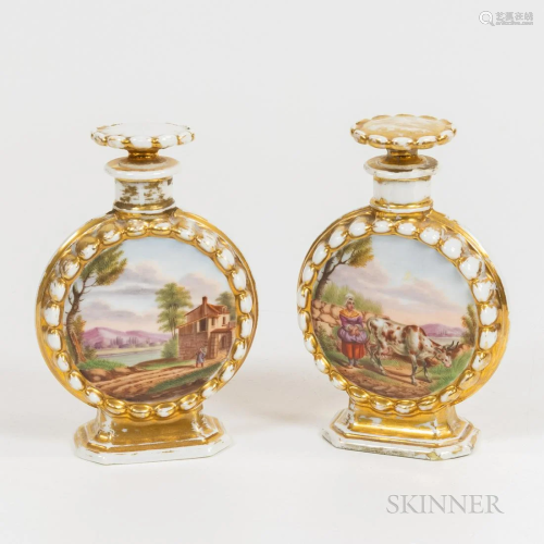 Pair of French Gilt Porcelain Flasks with Stoppers, each wit...
