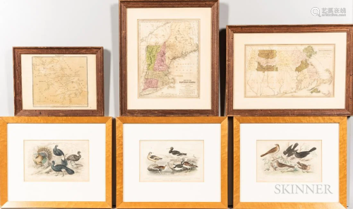 Three Hand-colored Prints of Birds and Three Early Maps, 19t...