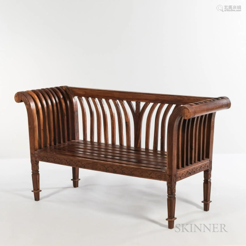 Contemporary Asian Hardwood Slat Bench, with curved arms and...