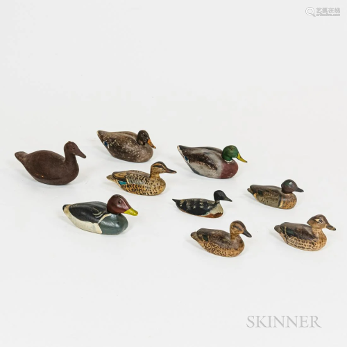 Nine Miniature Carved and Painted Duck Decoys, 20th century,...