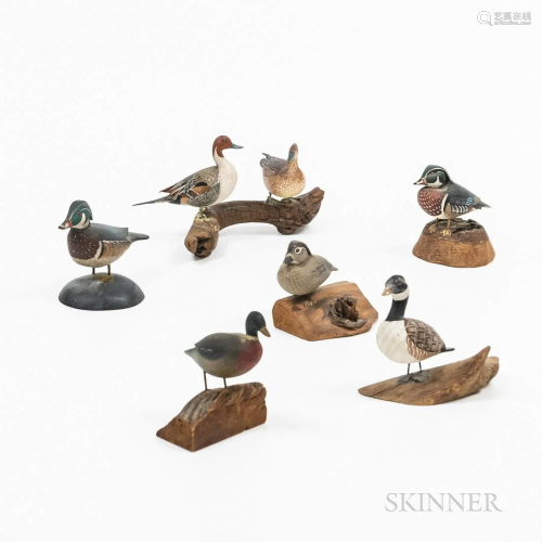 Seven Miniature Goose and Duck Carvings, including a mallard...