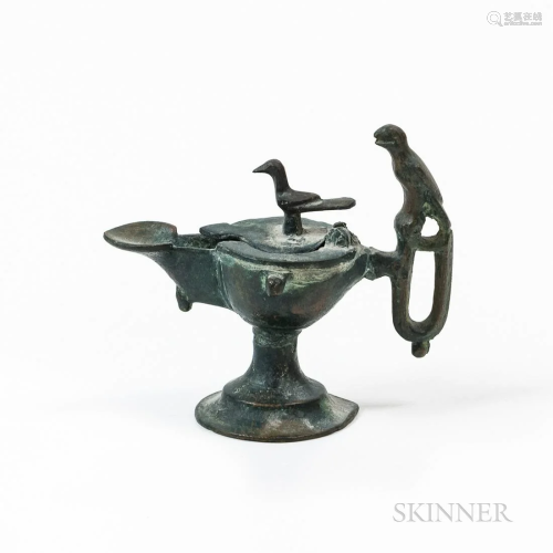 Bronze Oil Lamp, with bird decoration, ht. 4 1/4 in.